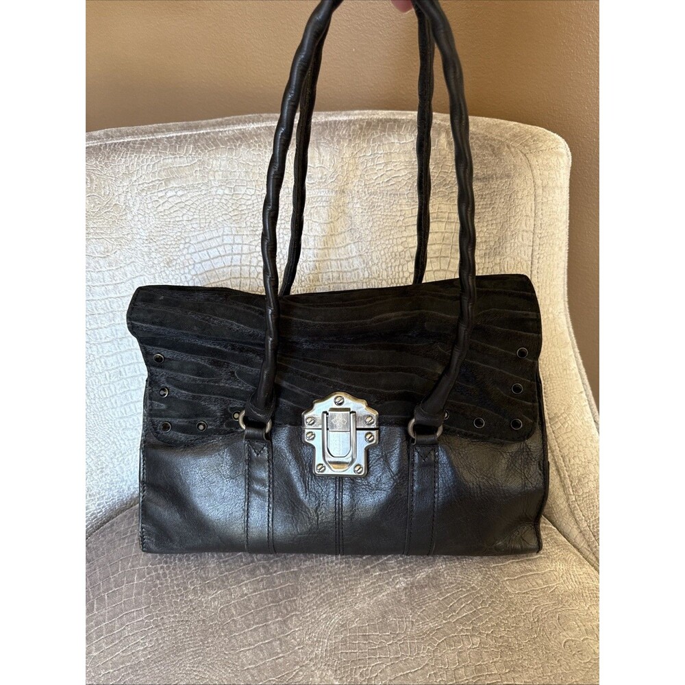 Patricia Nash Vienna Black Zebra Haircalf Leather Satchel Purse Grommet Handbag